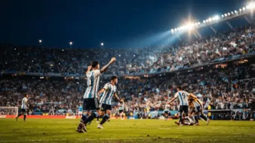 Argentina soccer team in action during dramatic World Cup quarterfinal stadium atmosphere at night