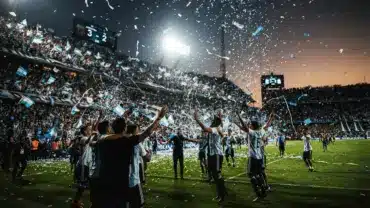 Argentina players celebrating dramatic comeback victory in packed World Cup stadium with blue and white colors