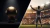 Golden Ballon d'Or trophy beside celebrating England striker in stadium