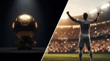 Golden Ballon d'Or trophy beside celebrating England striker in stadium