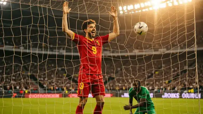 Belgium player celebrates goal against Senegal in dramatic World Cup knockout match action