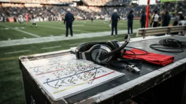NFL coaching headset and play-calling sheet on sideline table with football field in background