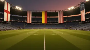 World Cup stadium with England, Belgium, and USA flags under dramatic floodlights