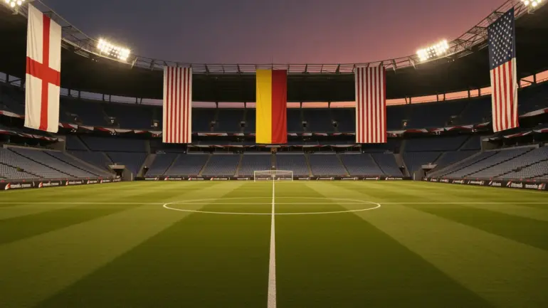 World Cup stadium with England, Belgium, and USA flags under dramatic floodlights