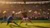 Intense World Cup knockout match action with players competing in packed stadium