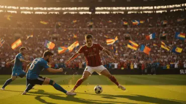 Intense World Cup knockout match action with players competing in packed stadium
