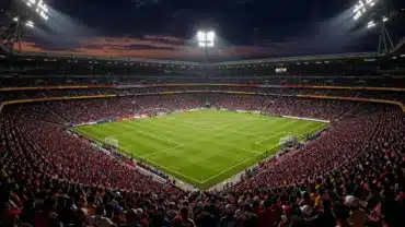 Packed World Cup stadium with illuminated pitch and crowd in team colors during knockout match