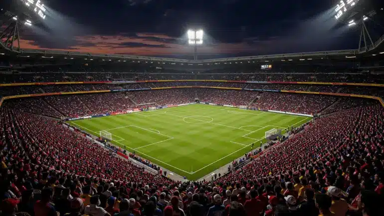 Packed World Cup stadium with illuminated pitch and crowd in team colors during knockout match
