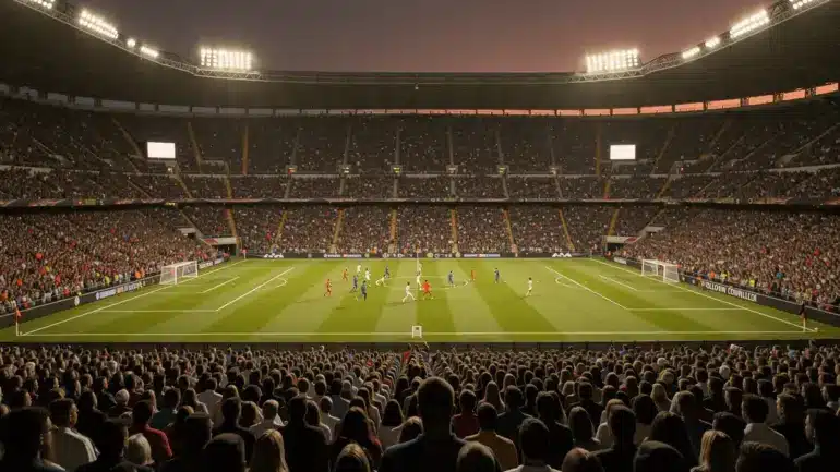World Cup knockout stage match in packed stadium with dramatic evening lighting