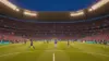 World Cup soccer match in packed stadium with players in action on illuminated pitch at golden hour