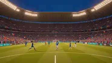 World Cup soccer match in packed stadium with players in action on illuminated pitch at golden hour