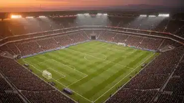 Soccer stadium at twilight with floodlights illuminating the pitch during World Cup knockout rounds