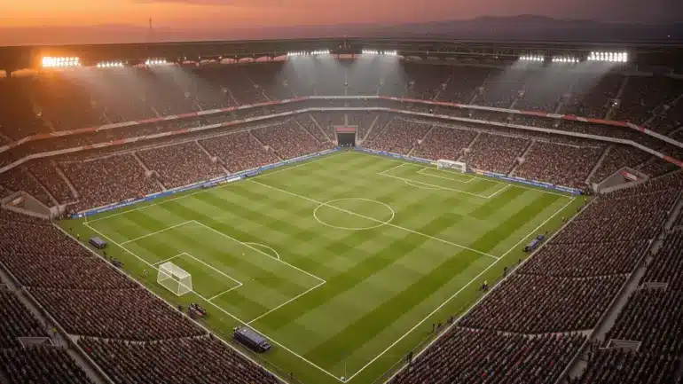 Soccer stadium at twilight with floodlights illuminating the pitch during World Cup knockout rounds