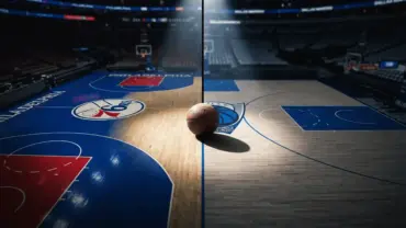 Split-screen basketball courts showing Philadelphia 76ers and Dallas Mavericks arenas with basketball at center
