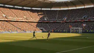 World Cup knockout match action in packed stadium with players competing on field