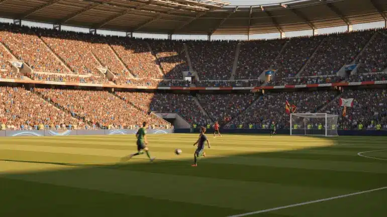 World Cup knockout match action in packed stadium with players competing on field