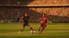 World Cup knockout stage soccer match with players competing in packed stadium during golden hour