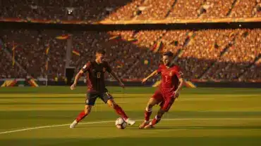 World Cup knockout stage soccer match with players competing in packed stadium during golden hour