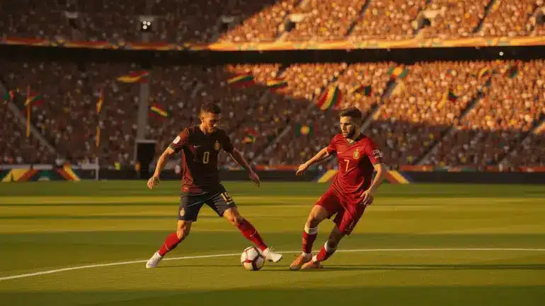 World Cup knockout stage soccer match with players competing in packed stadium during golden hour