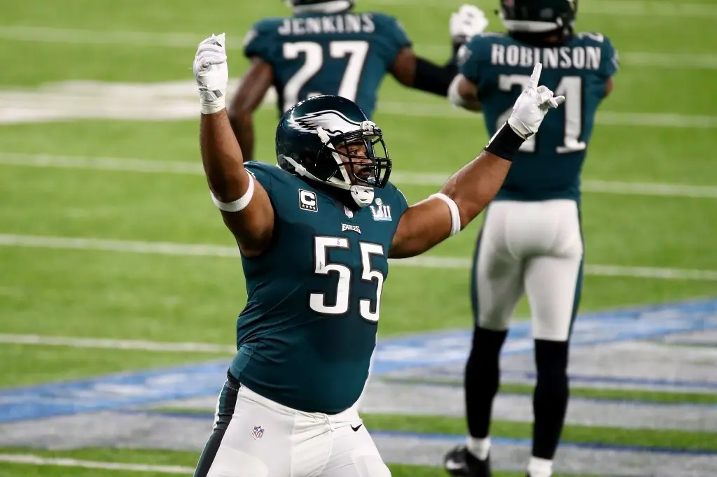 Brandon Graham celebrating during Super Bowl LII with the Philadelphia Eagles.