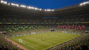 MetLife Stadium packed with fans during Brazil vs Norway World Cup knockout match at sunset