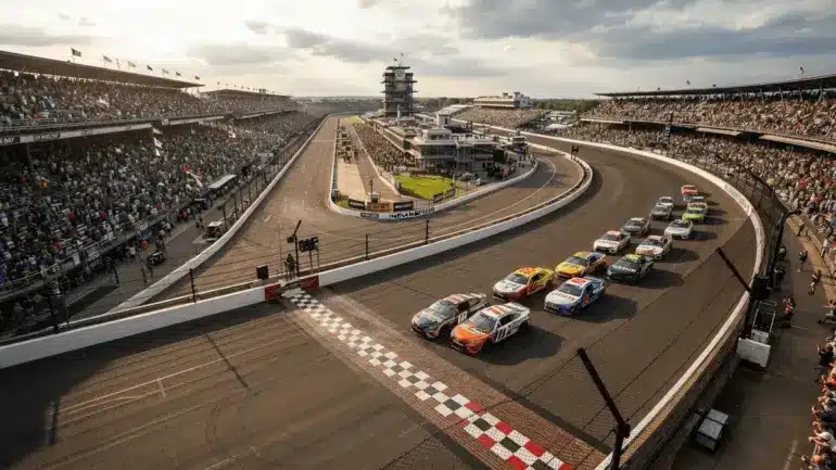 Aerial view of NASCAR race cars on Indianapolis Motor Speedway oval track with iconic yard of bricks