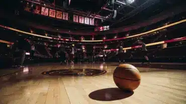 Cleveland Cavaliers arena interior with basketball court and wine and gold team branding
