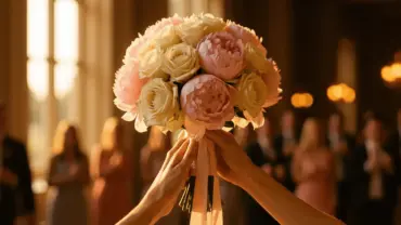 Bridal bouquet being caught at elegant wedding reception with soft romantic lighting
