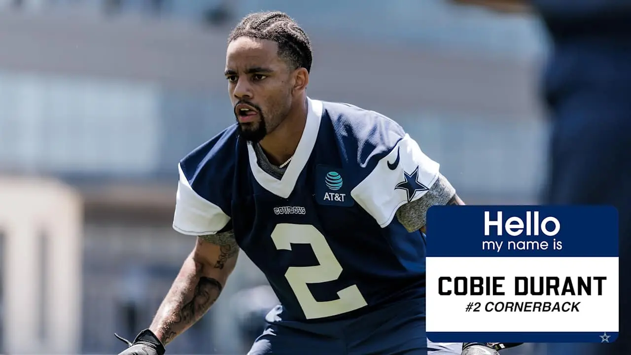 Cobie Durant, a cornerback for the Cowboys, wearing jersey number 2 during practice.