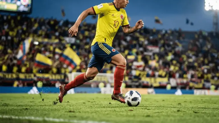 Colombia player in yellow jersey dribbling soccer ball during World Cup knockout stage match