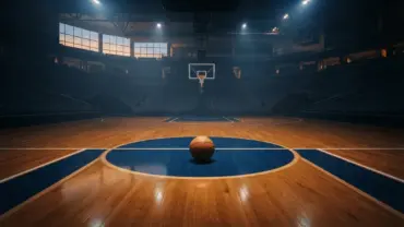 Empty Warriors basketball court with dramatic lighting symbolizing fresh start and championship ambitions