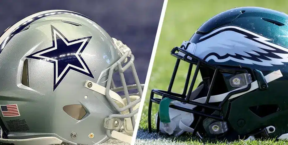 Side-by-side view of a silver Dallas Cowboys helmet and a midnight green Philadelphia Eagles helmet