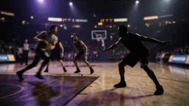 NBA wing defender in lockdown stance on basketball court with purple and gold lighting
