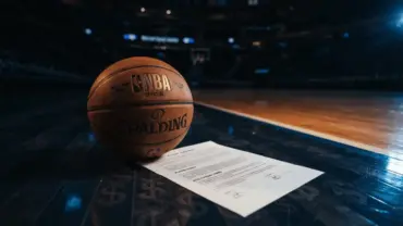 Basketball on court with contract paper representing NBA trade negotiations and player value