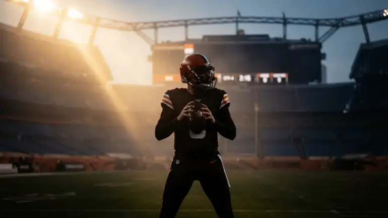 NFL quarterback in Browns uniform holding football in stadium, dramatic lighting and silhouette composition