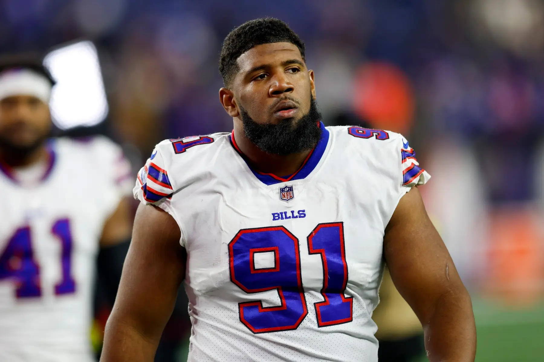 Buffalo Bills defensive tackle Ed Oliver wearing a white jersey with number 91