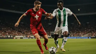 Switzerland and Algeria soccer players competing for ball during intense World Cup knockout match