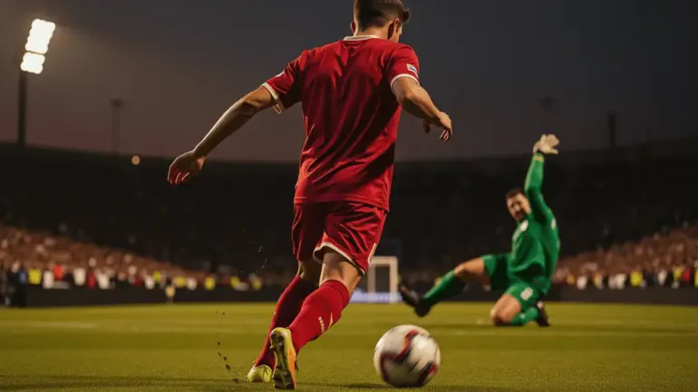Soccer striker taking powerful shot during World Cup knockout match