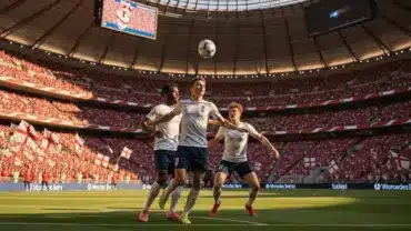 England national team attacking during 2026 FIFA World Cup knockout match at Mercedes-Benz Stadium