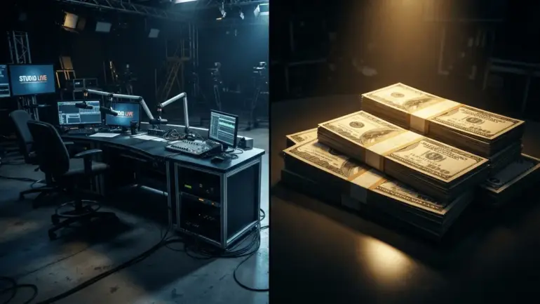 Empty ESPN broadcast studio contrasted with stacks of money under dramatic lighting