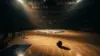 Philadelphia 76ers basketball court with dramatic lighting and documentary film equipment