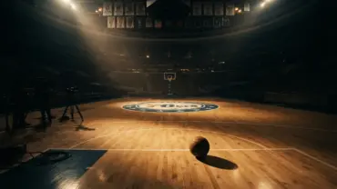 Philadelphia 76ers basketball court with dramatic lighting and documentary film equipment