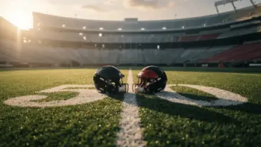 Two Atlanta Falcons helmets on football field symbolizing quarterback competition