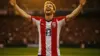 USA soccer striker celebrating triumphantly on stadium pitch in national team jersey