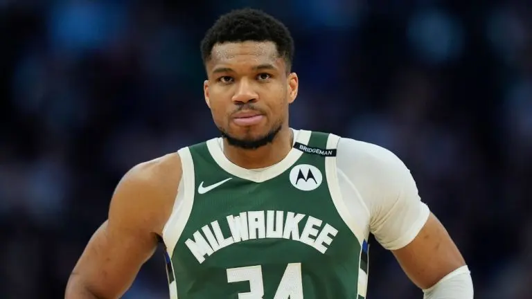 Giannis Antetokounmpo wearing a Milwaukee Bucks uniform during a game.