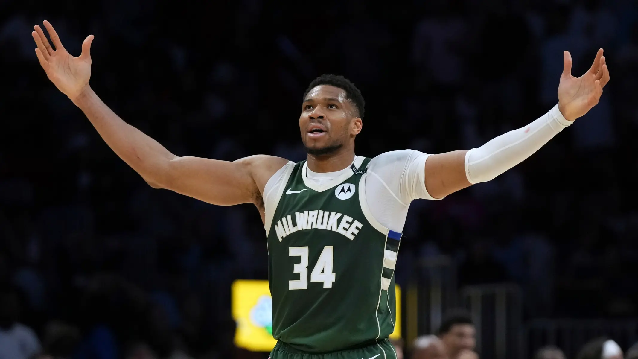 Giannis Antetokounmpo of the Milwaukee Bucks with arms outstretched during an NBA game