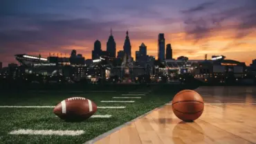 Football and basketball on Philadelphia sports venue surfaces with city skyline at sunset