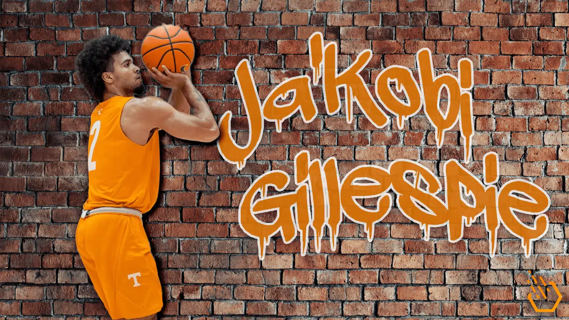 Basketball player Jakobi Gillespie in an orange uniform against a brick wall.