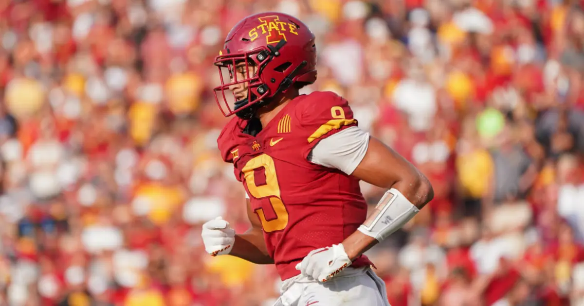 Jayden Higgins in an Iowa State football uniform during a game.