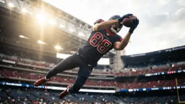 Houston Texans wide receiver making athletic catch in stadium with dramatic lighting